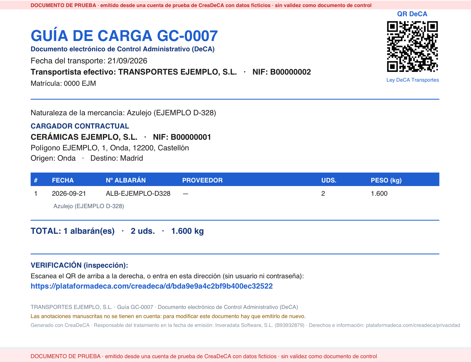 Ejemplo de DeCA generado con CreaDeCA: guía de carga GC-0007 con datos ficticios, código QR y URL de verificación